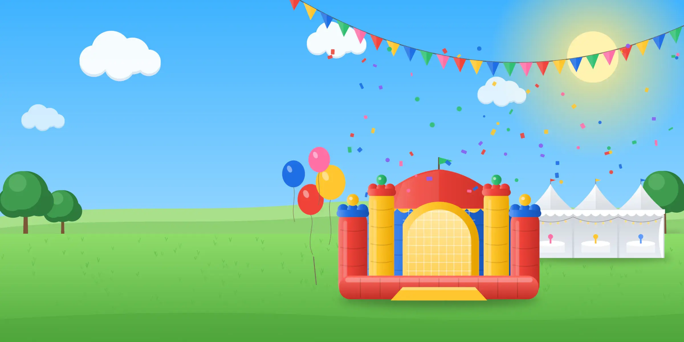 Kleurrijk springkussen en een partytent op een zonnig grasveld met vlaggetjes en ballonnen