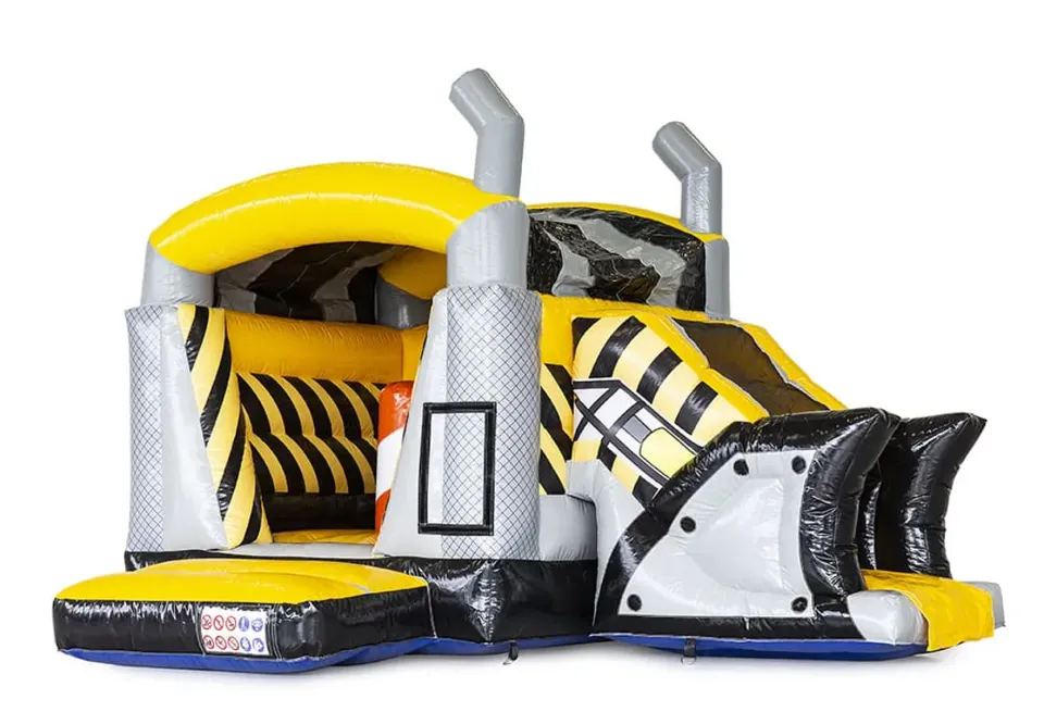 Mini Mini Multifun Heavy Duty Springkussen in geel, zwart en wit, met klim- en glijgedeelte.